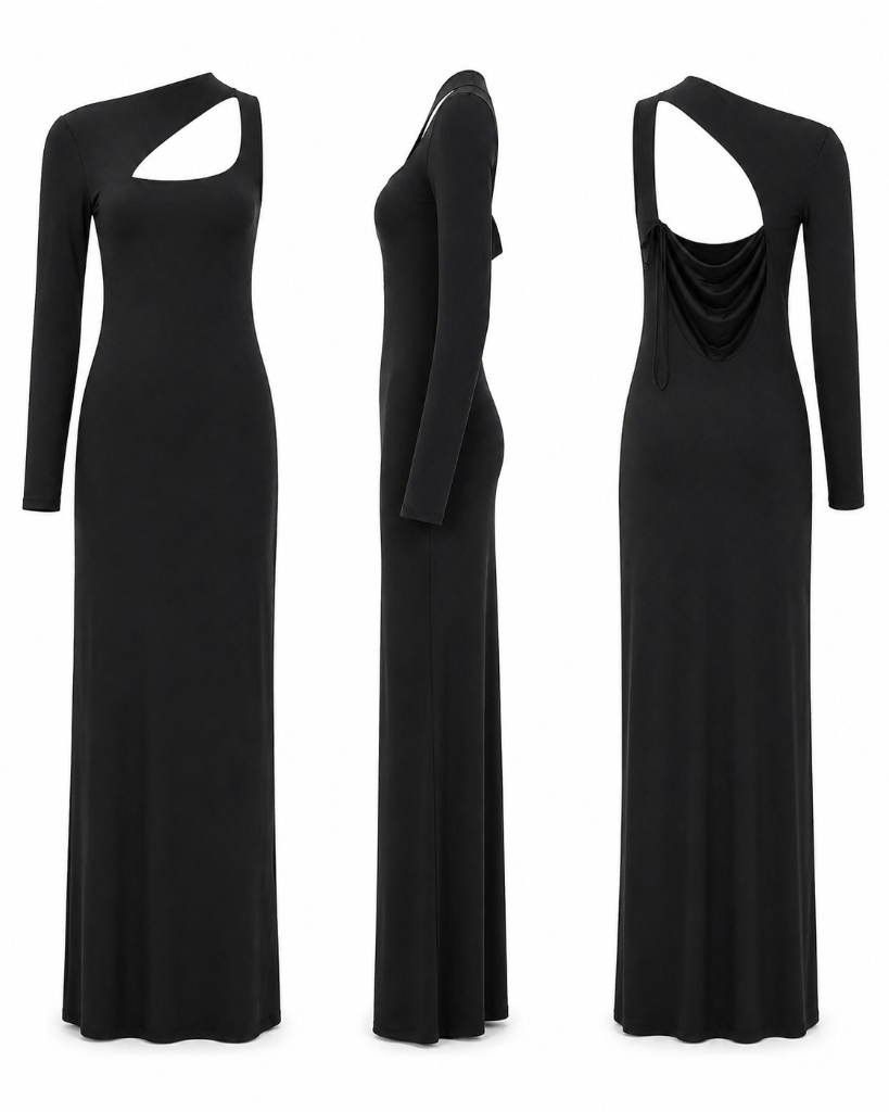 Black Cutout Maxi Dress — Front, Side & Back