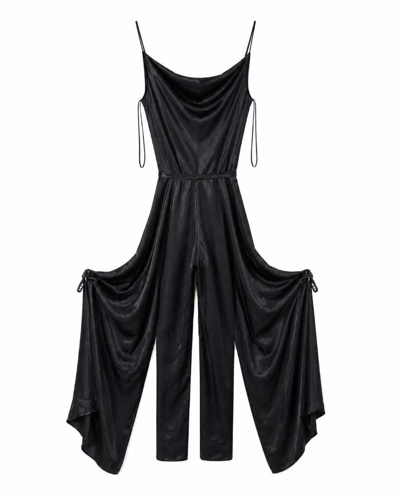 Zara Basic Black Satin Jumpsuit — Back draped panels