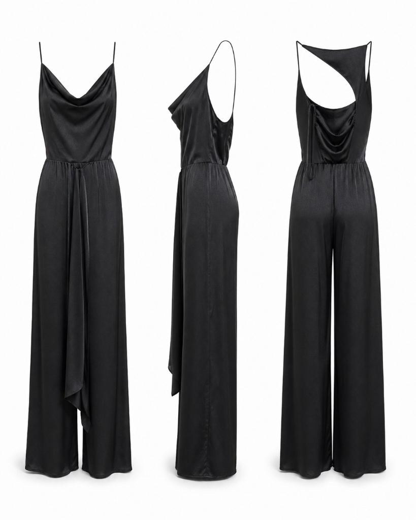 Zara Basic Black Satin Jumpsuit — Front, Side & Back
