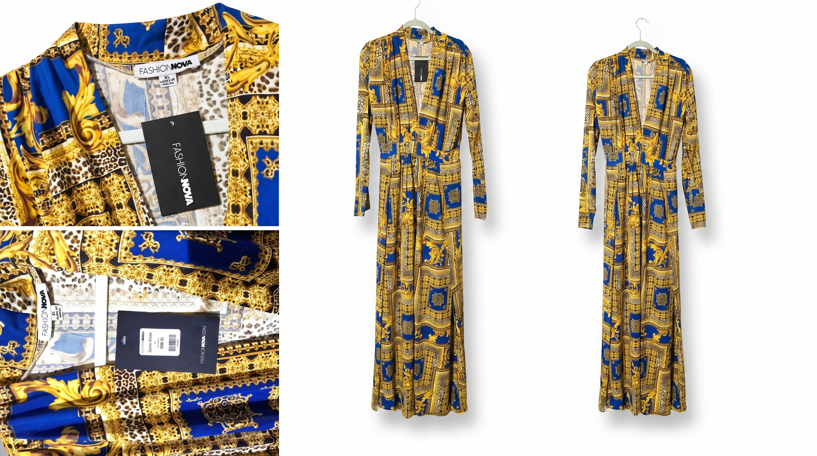 Fashion Nova Royal Blue & Gold Baroque Print Maxi Dress